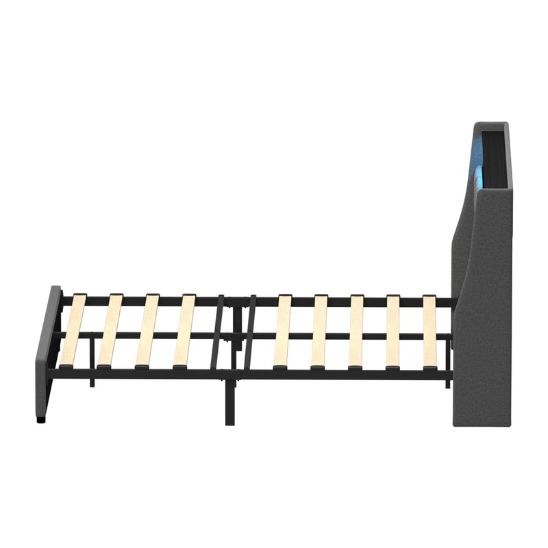 Oikiture Double Size Bed Frame With LED Storage Headboard USB Charging