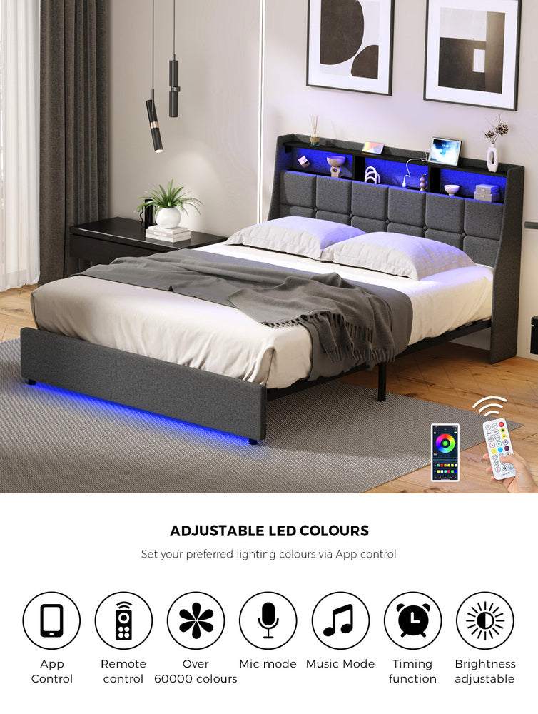 Oikiture Double Size Bed Frame With LED Storage Headboard USB Charging