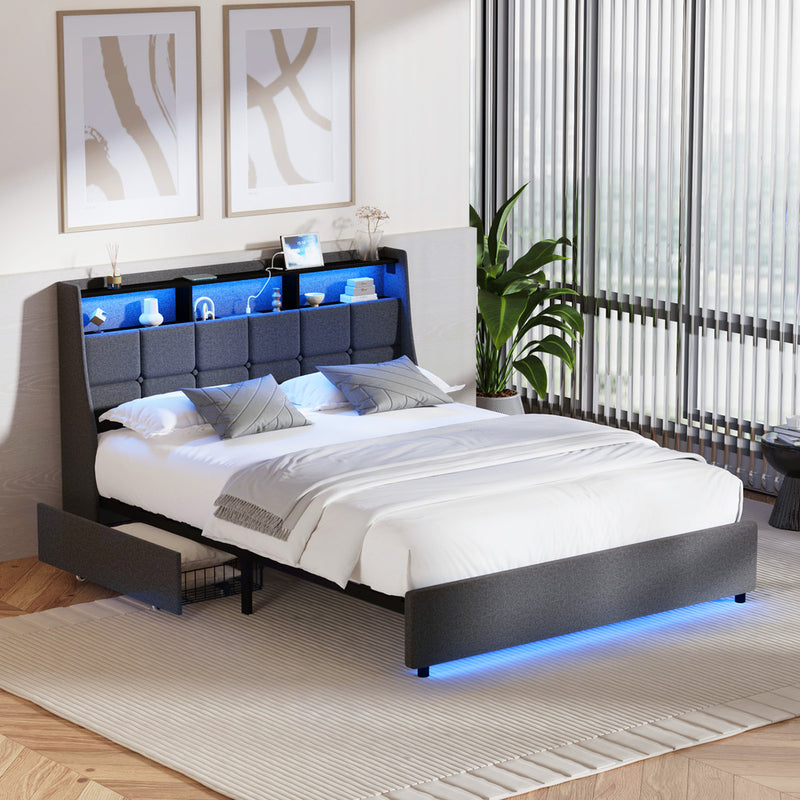 Oikiture Double Size Bed Frame Headboard RGB LED Lights Drawer USB