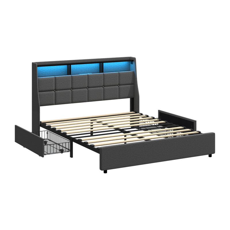 Oikiture Double Size Bed Frame Headboard RGB LED Lights Drawer USB