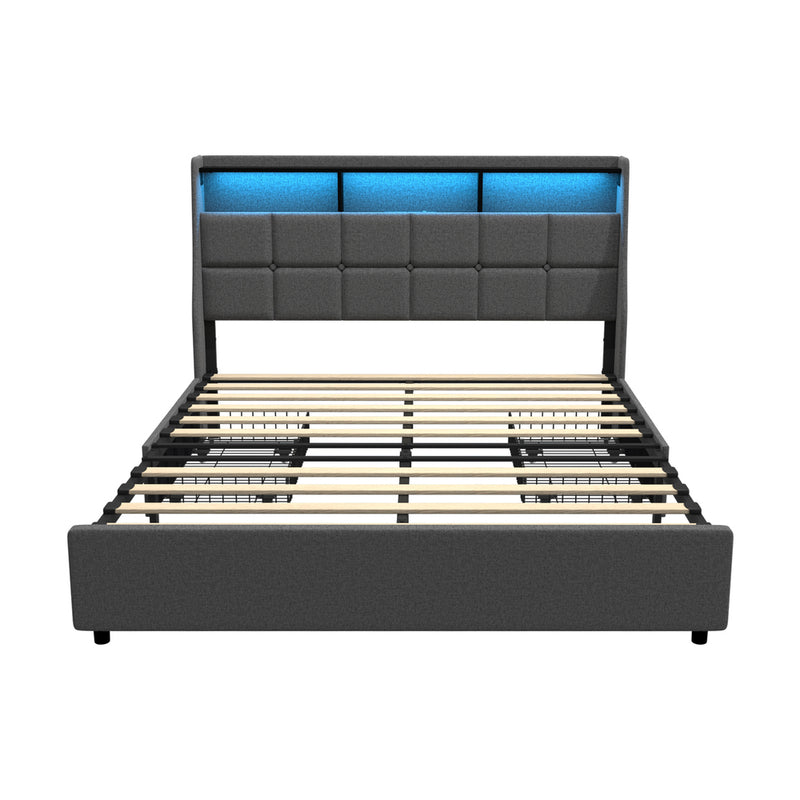 Oikiture Double Size Bed Frame Headboard RGB LED Lights Drawer USB