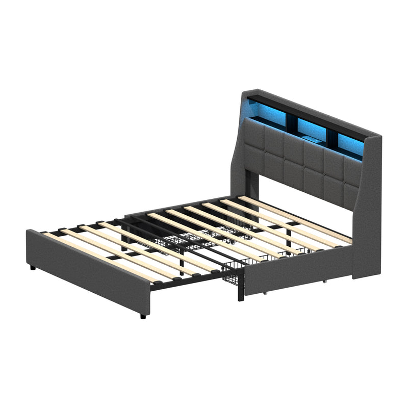 Oikiture Double Size Bed Frame Headboard RGB LED Lights Drawer USB
