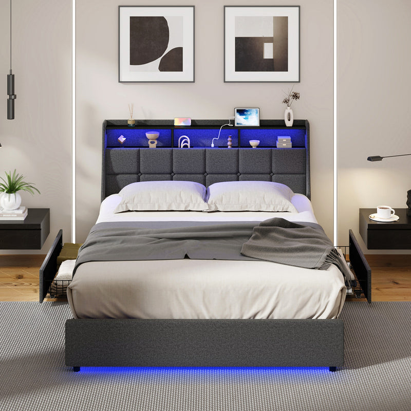Oikiture Double Size Bed Frame Headboard RGB LED Lights Drawer USB