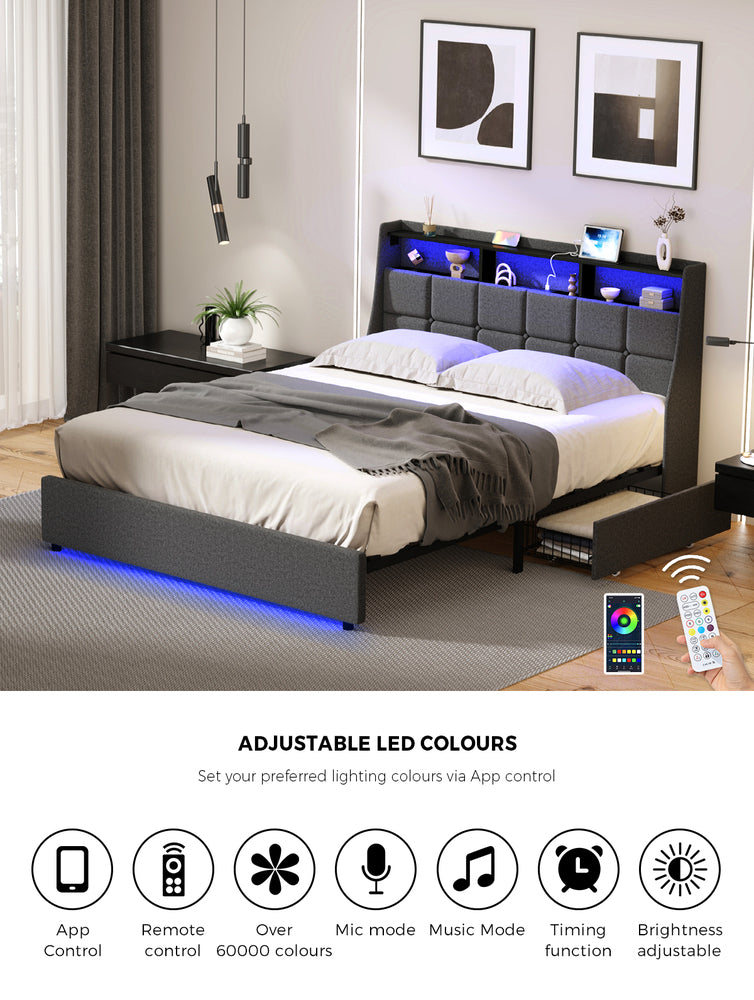 Oikiture Double Size Bed Frame Headboard RGB LED Lights Drawer USB