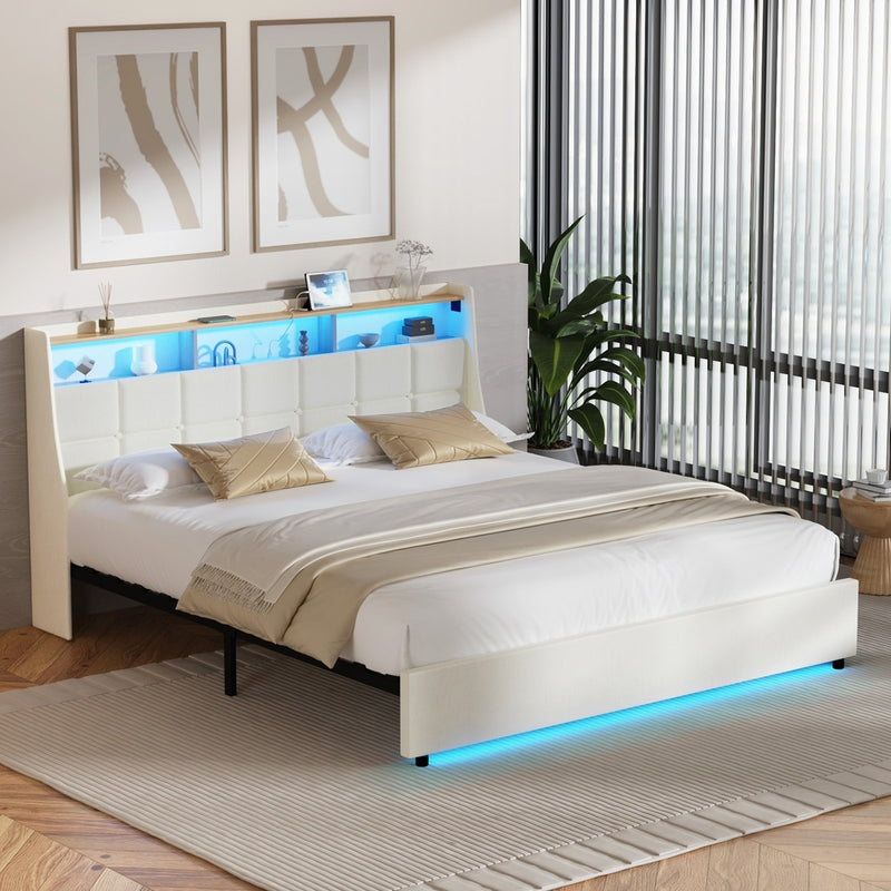 Oikiture King Bed Frame with LED Storage Headboard Beige