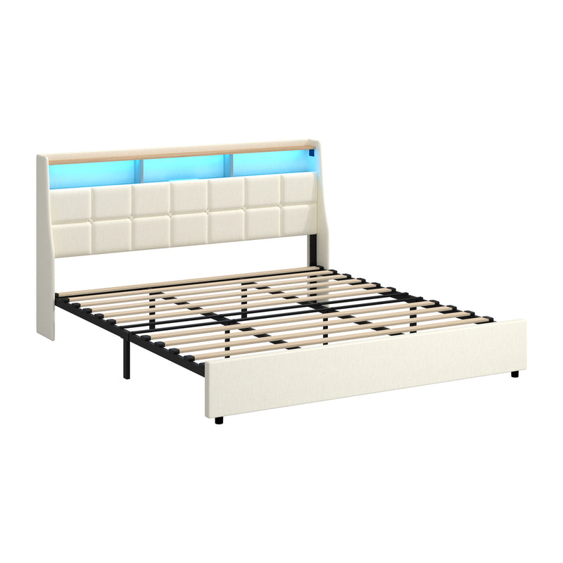 Oikiture King Bed Frame with LED Storage Headboard Beige