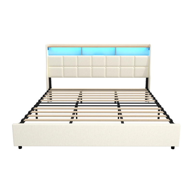 Oikiture King Bed Frame with LED Storage Headboard Beige