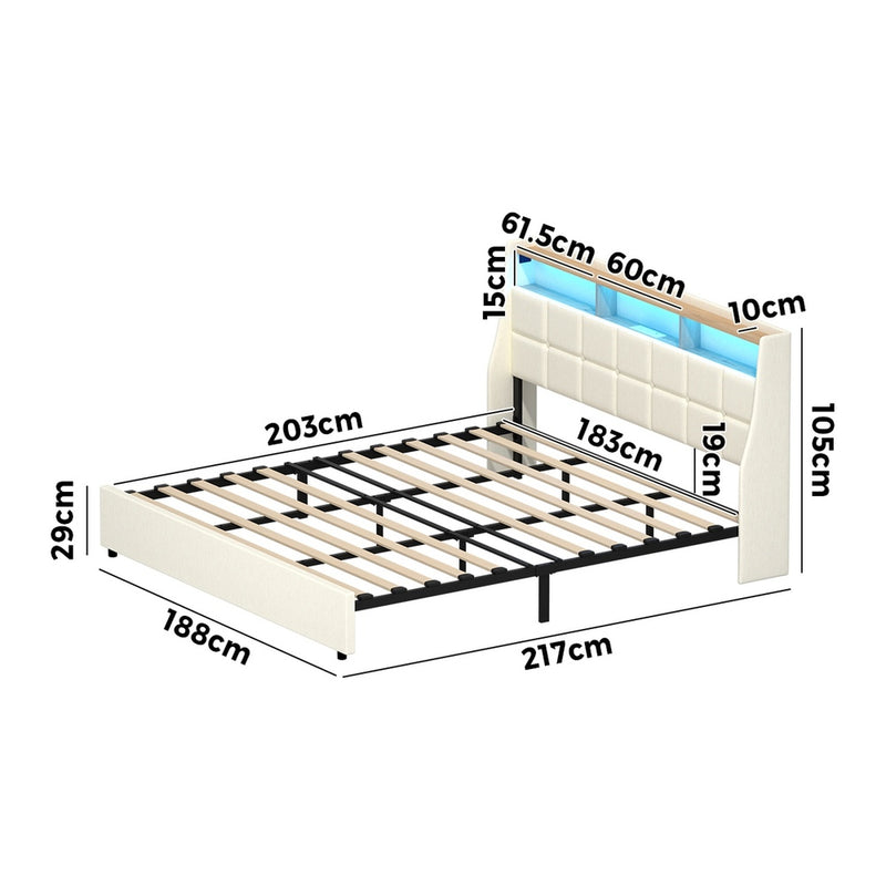 Oikiture King Bed Frame with LED Storage Headboard Beige