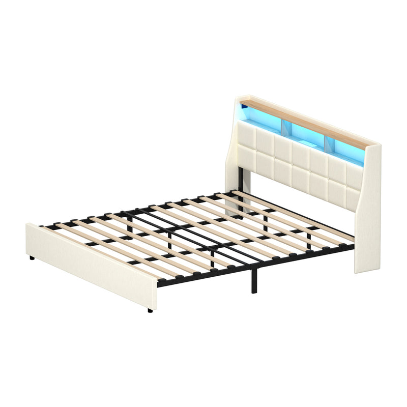Oikiture King Bed Frame with LED Storage Headboard Beige