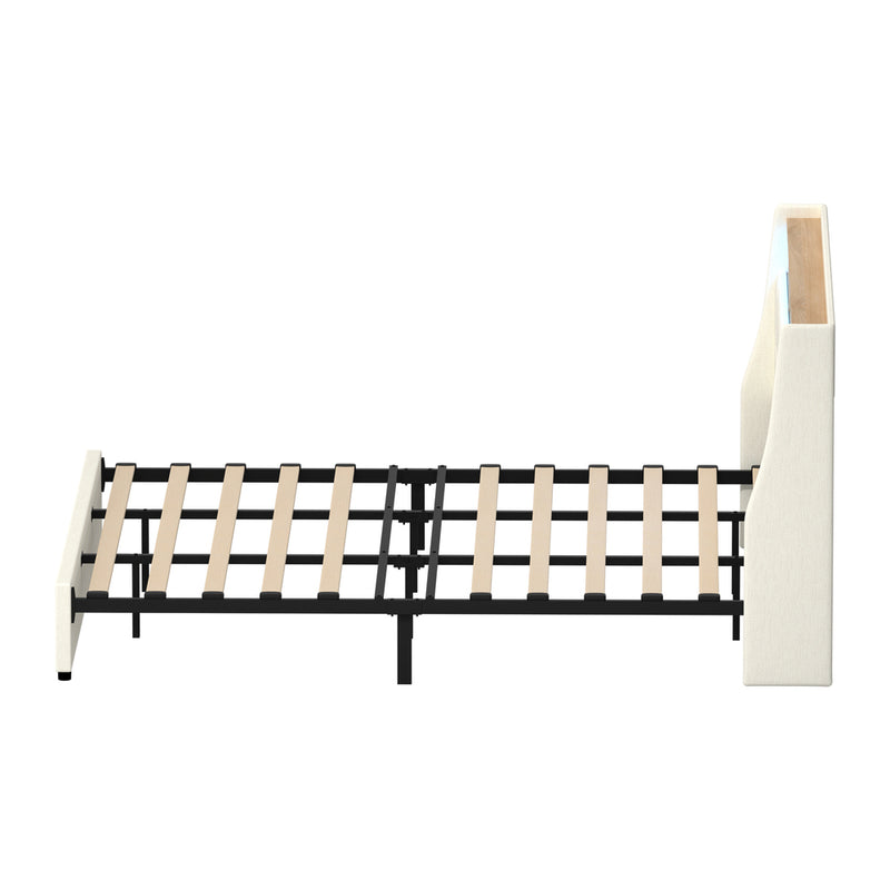 Oikiture King Bed Frame with LED Storage Headboard Beige