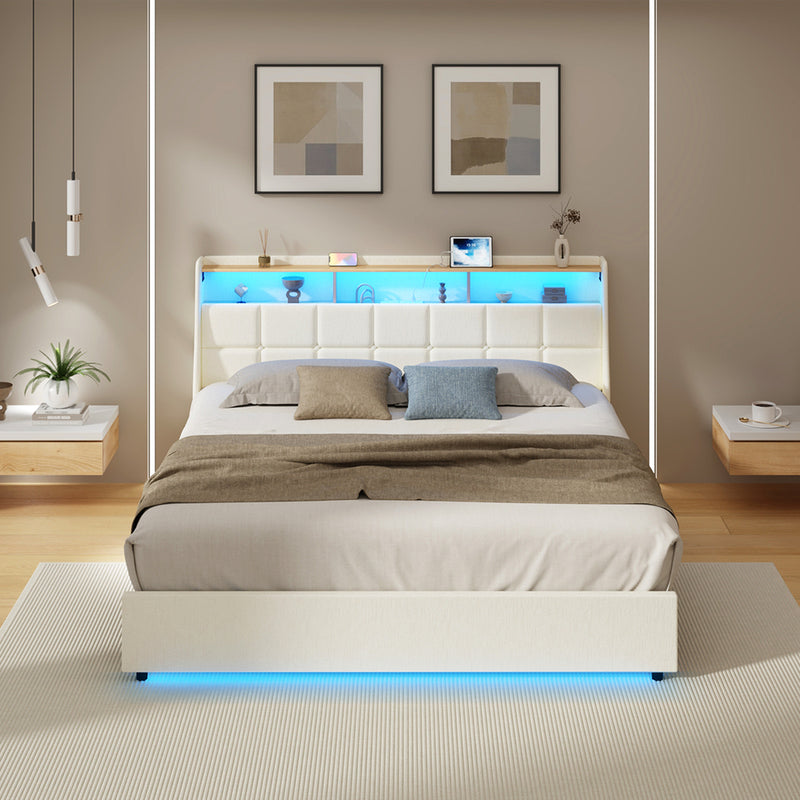 Oikiture King Bed Frame with LED Storage Headboard Beige
