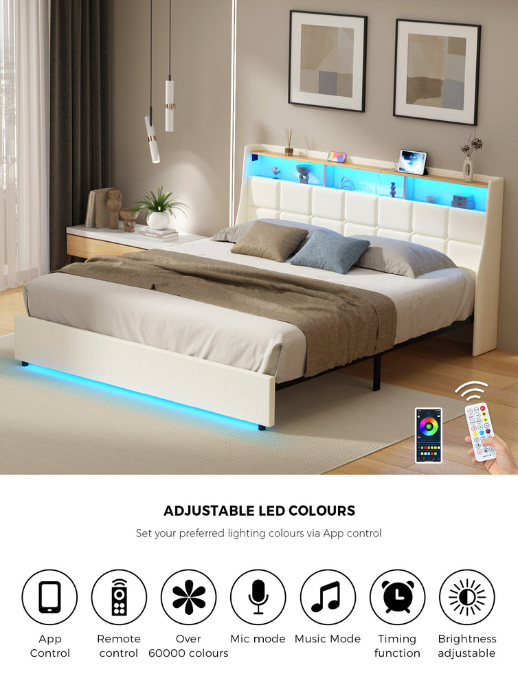 Oikiture King Bed Frame with LED Storage Headboard Beige