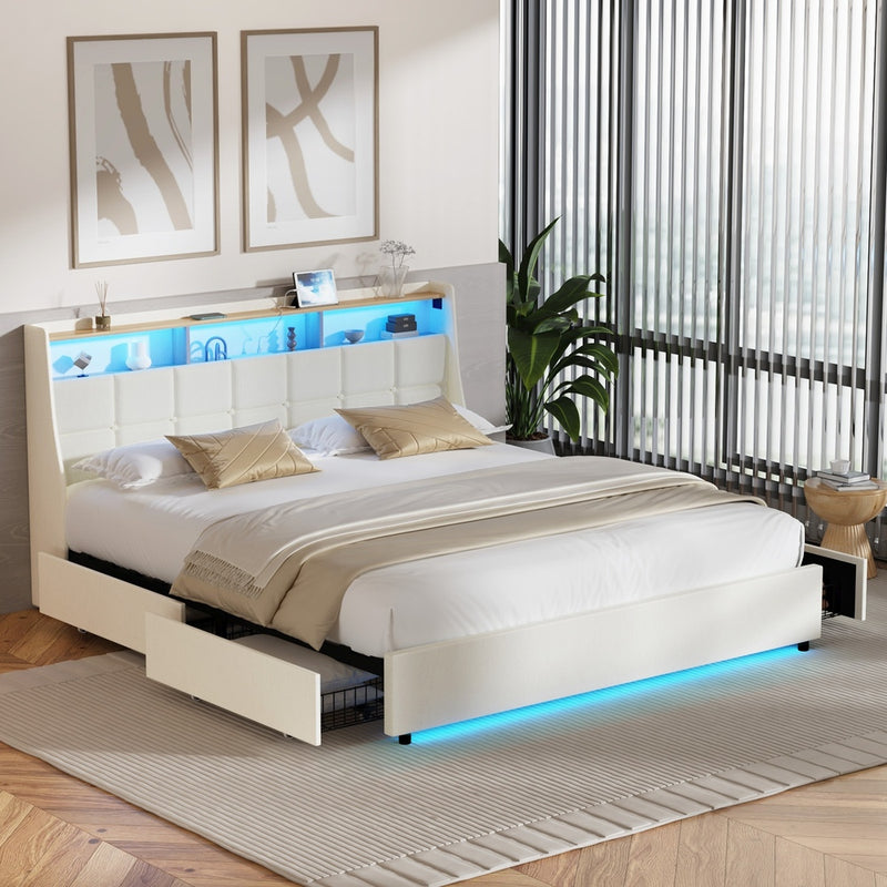 Oikiture King Bed Frame Headboard RGB Lights with Drawer Beige