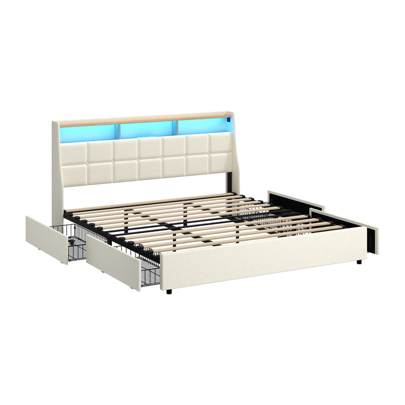 Oikiture King Bed Frame Headboard RGB Lights with Drawer Beige