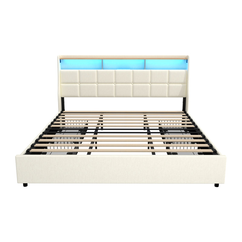 Oikiture King Bed Frame Headboard RGB Lights with Drawer Beige