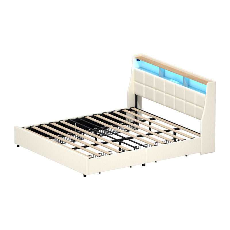 Oikiture King Bed Frame Headboard RGB Lights with Drawer Beige