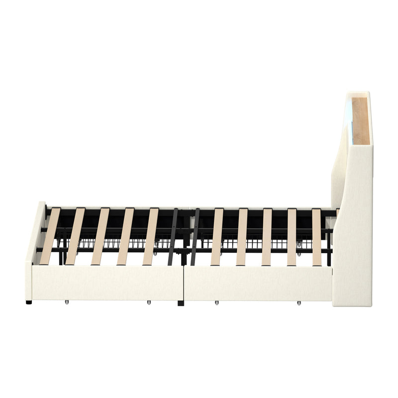 Oikiture King Bed Frame Headboard RGB Lights with Drawer Beige
