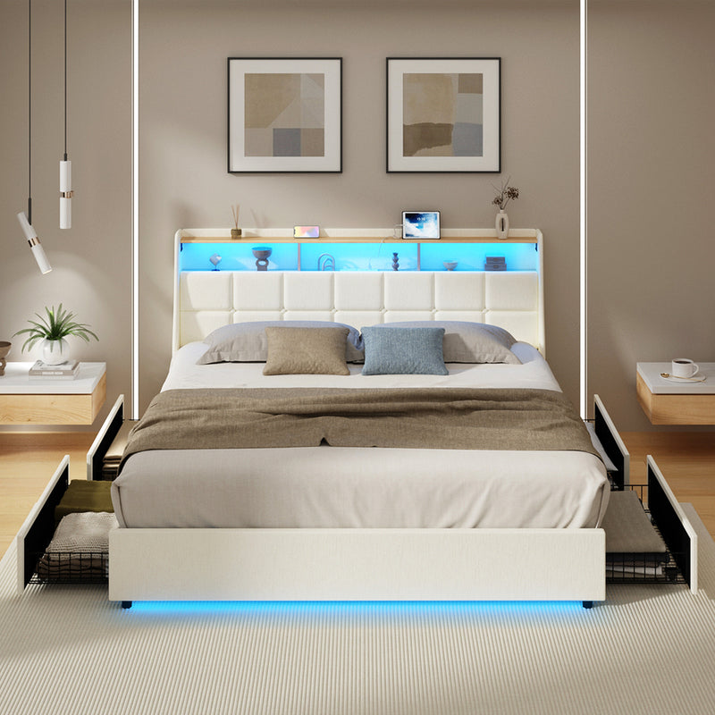 Oikiture King Bed Frame Headboard RGB Lights with Drawer Beige