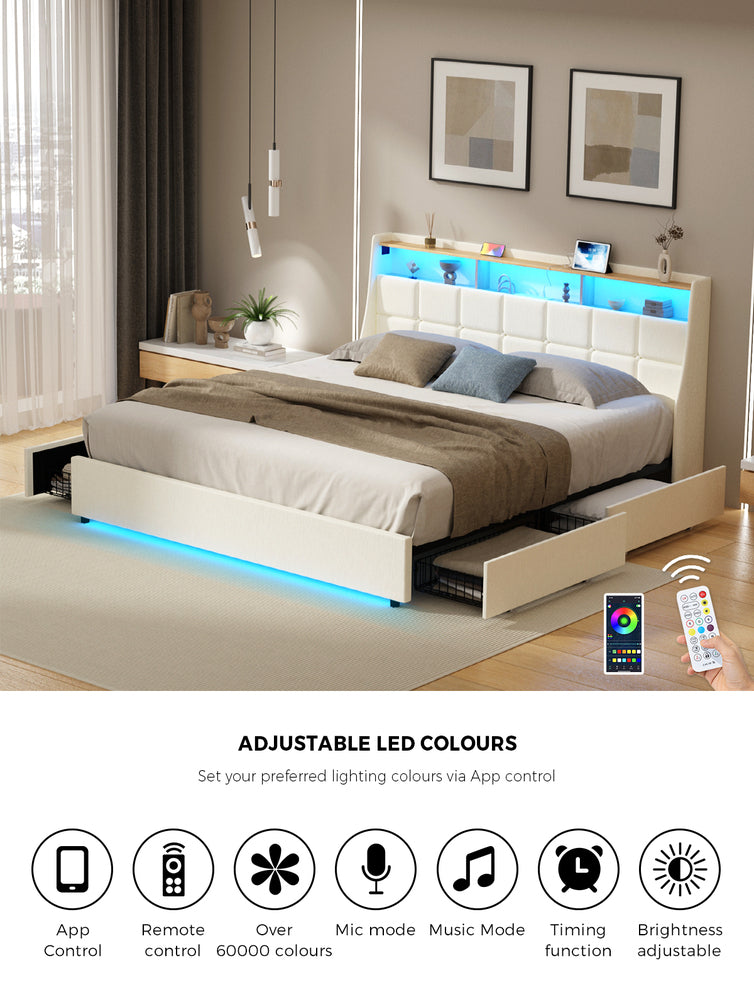 Oikiture King Bed Frame Headboard RGB Lights with Drawer Beige