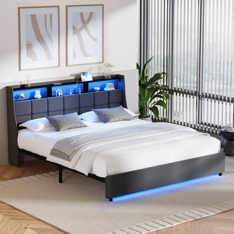 Oikiture King Size Bed Frame With LED Storage Headboard USB Charging