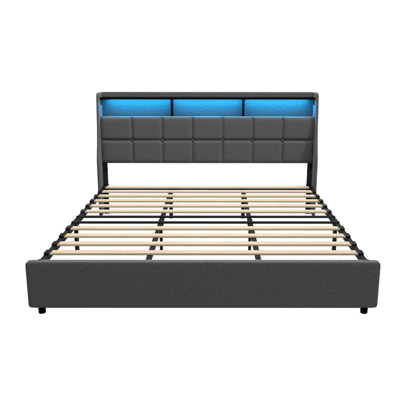 Oikiture King Size Bed Frame With LED Storage Headboard USB Charging