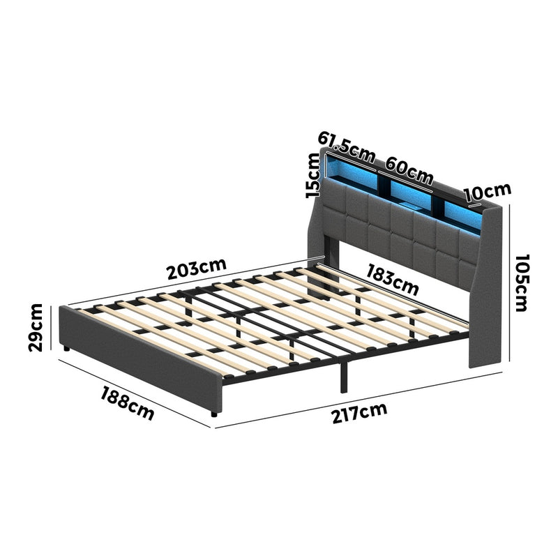 Oikiture King Size Bed Frame With LED Storage Headboard USB Charging