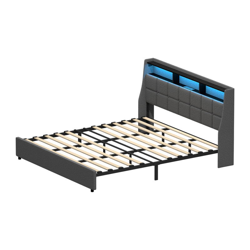 Oikiture King Size Bed Frame With LED Storage Headboard USB Charging