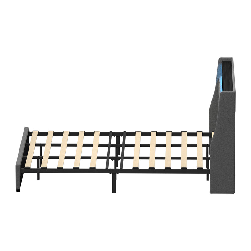 Oikiture King Size Bed Frame With LED Storage Headboard USB Charging