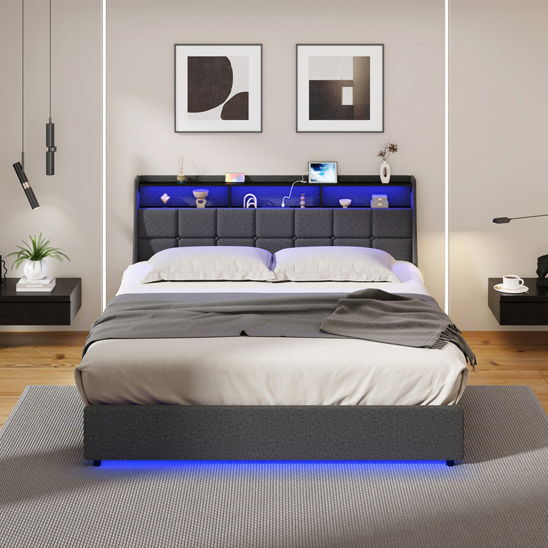 Oikiture King Size Bed Frame With LED Storage Headboard USB Charging