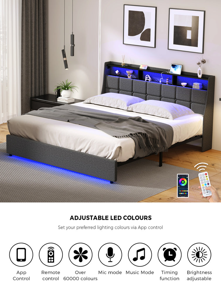 Oikiture King Size Bed Frame With LED Storage Headboard USB Charging