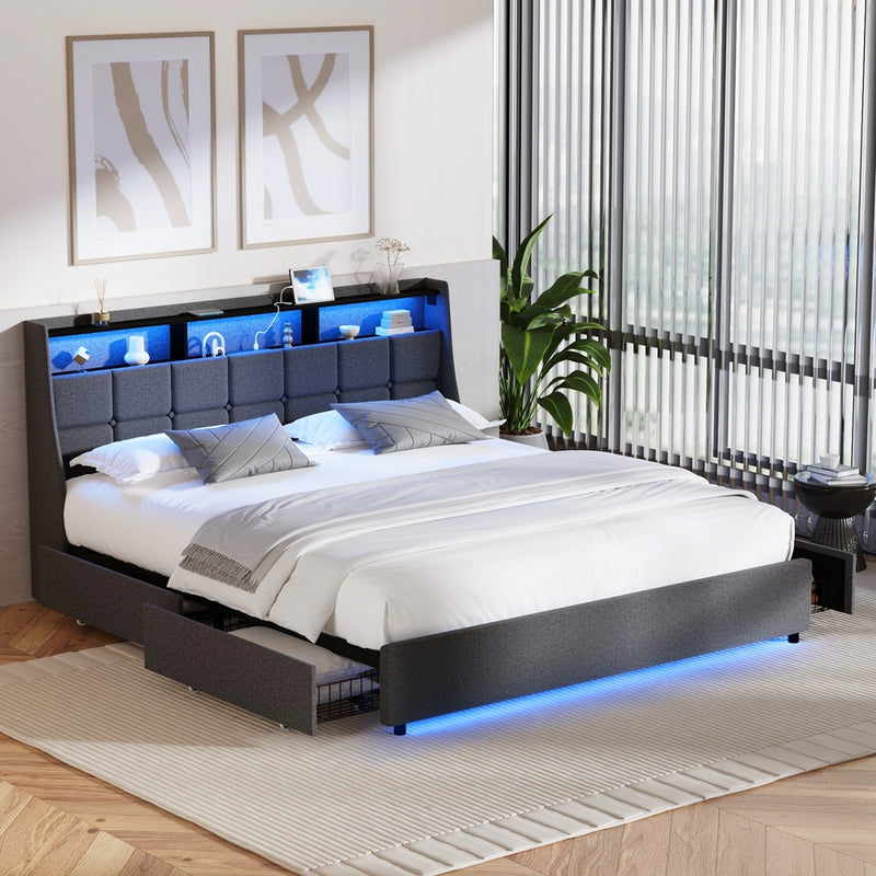 Oikiture King Size Bed Frame Headboard RGB LED Lights with Drawer USB
