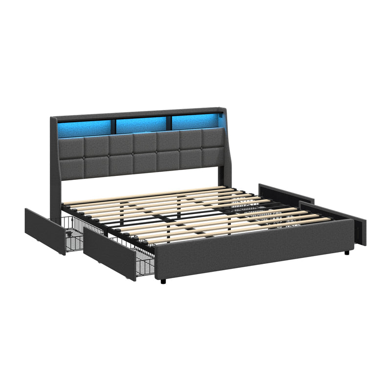Oikiture King Size Bed Frame Headboard RGB LED Lights with Drawer USB