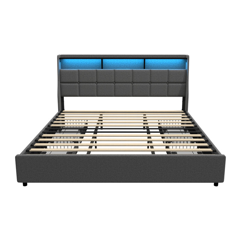 Oikiture King Size Bed Frame Headboard RGB LED Lights with Drawer USB