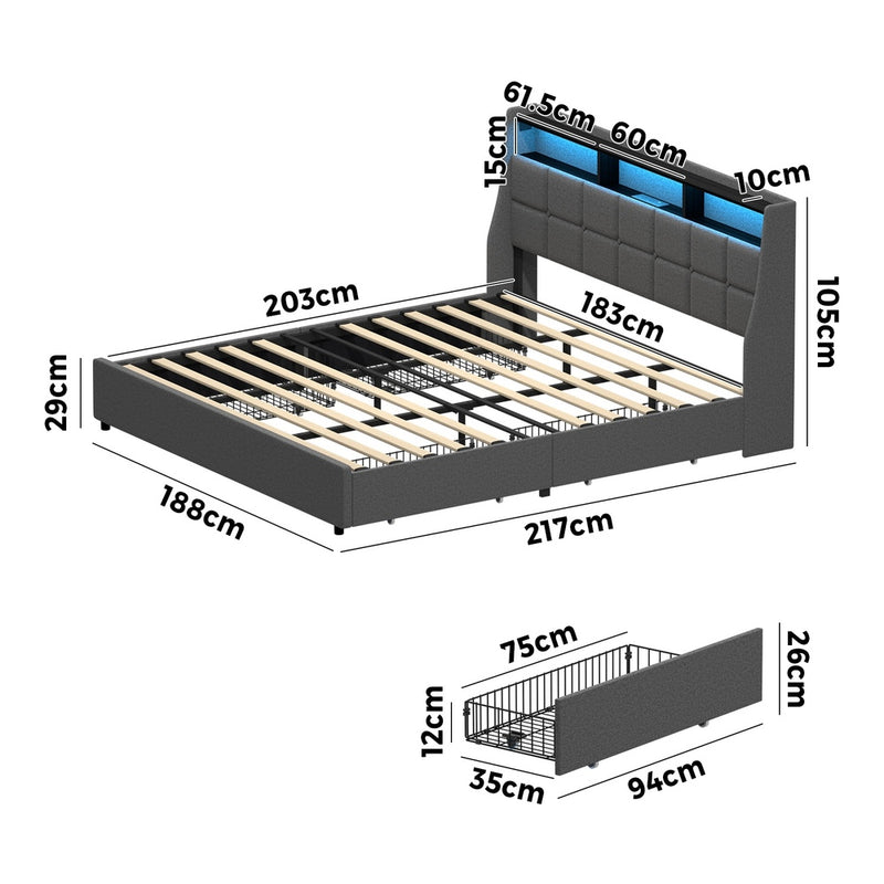Oikiture King Size Bed Frame Headboard RGB LED Lights with Drawer USB