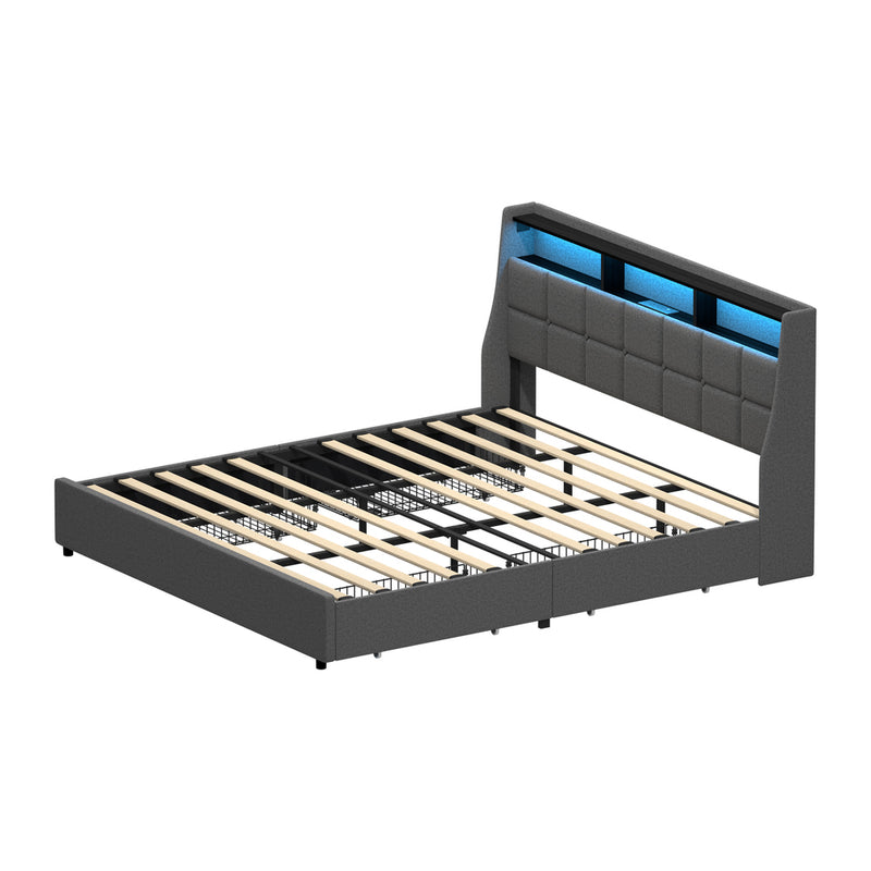 Oikiture King Size Bed Frame Headboard RGB LED Lights with Drawer USB