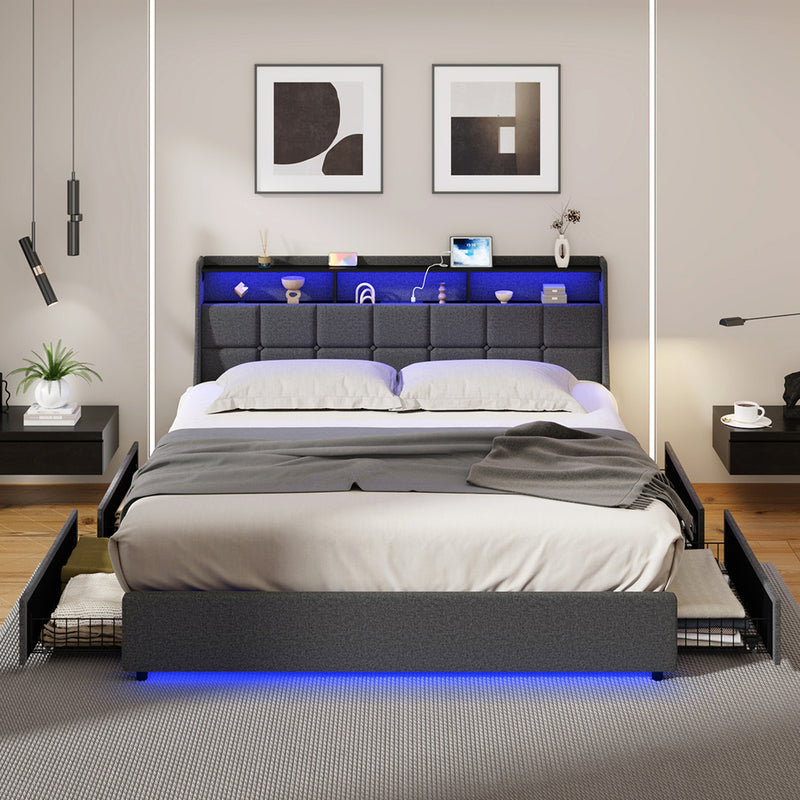 Oikiture King Size Bed Frame Headboard RGB LED Lights with Drawer USB