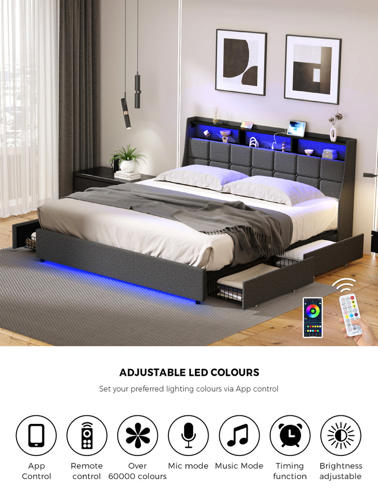 Oikiture King Size Bed Frame Headboard RGB LED Lights with Drawer USB