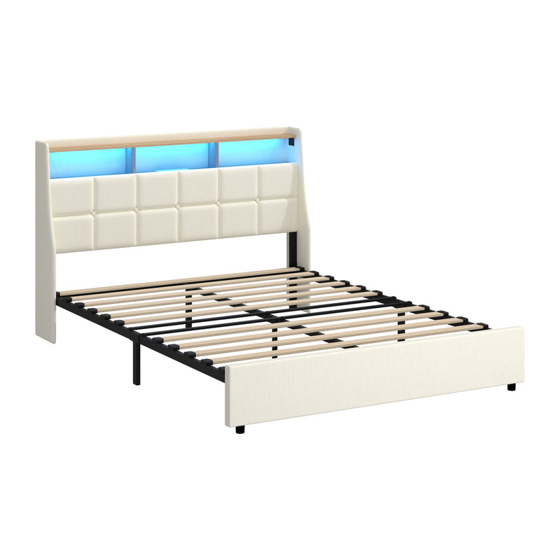 Oikiture Queen Bed Frame with LED Storage Headboard Beige