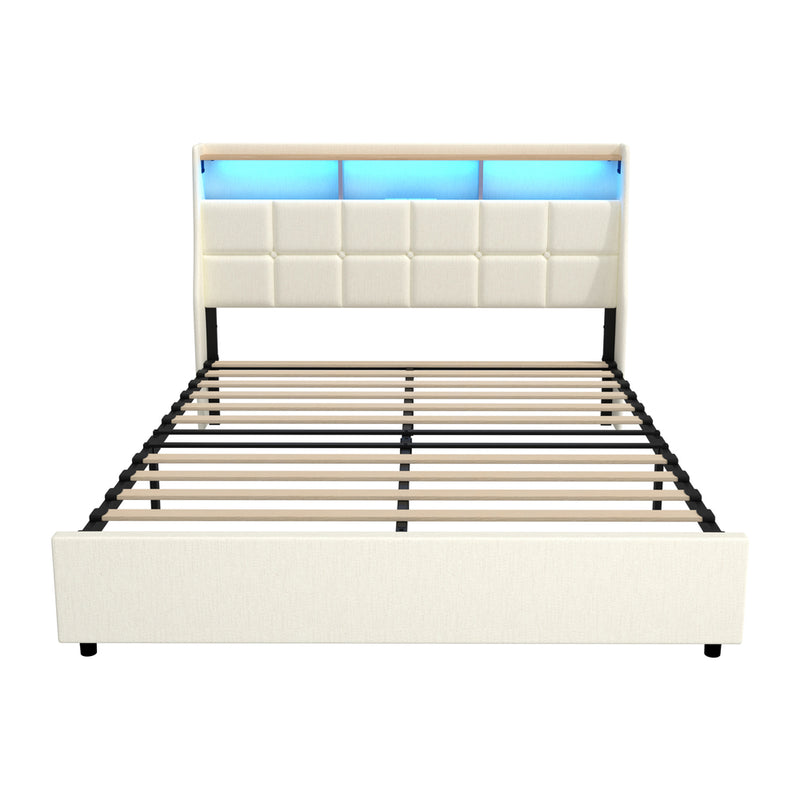 Oikiture Queen Bed Frame with LED Storage Headboard Beige