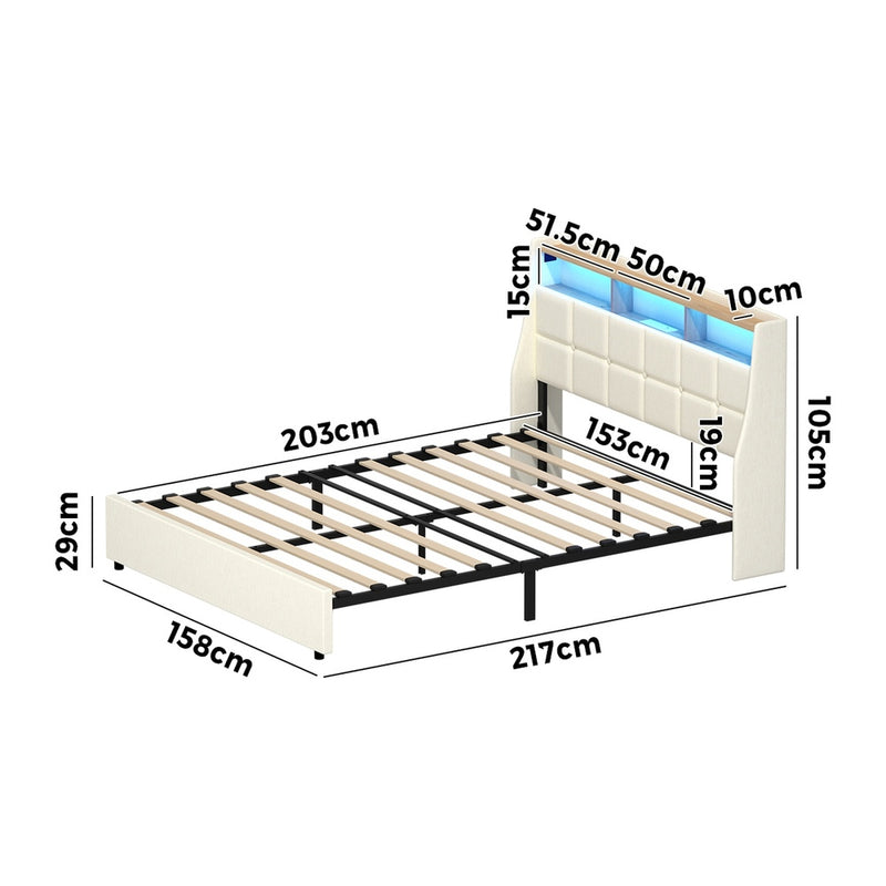 Oikiture Queen Bed Frame with LED Storage Headboard Beige