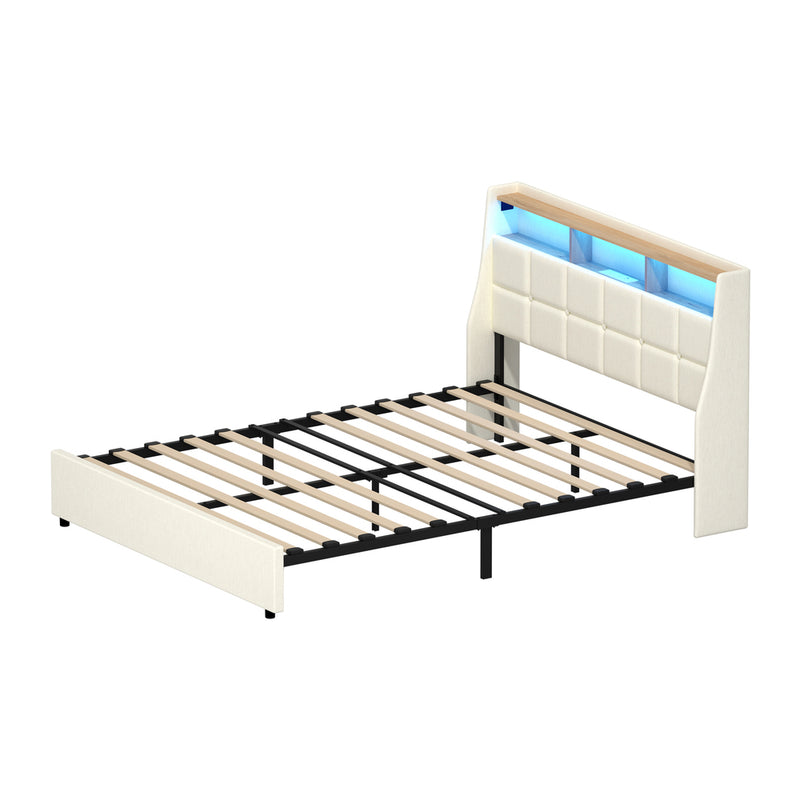 Oikiture Queen Bed Frame with LED Storage Headboard Beige