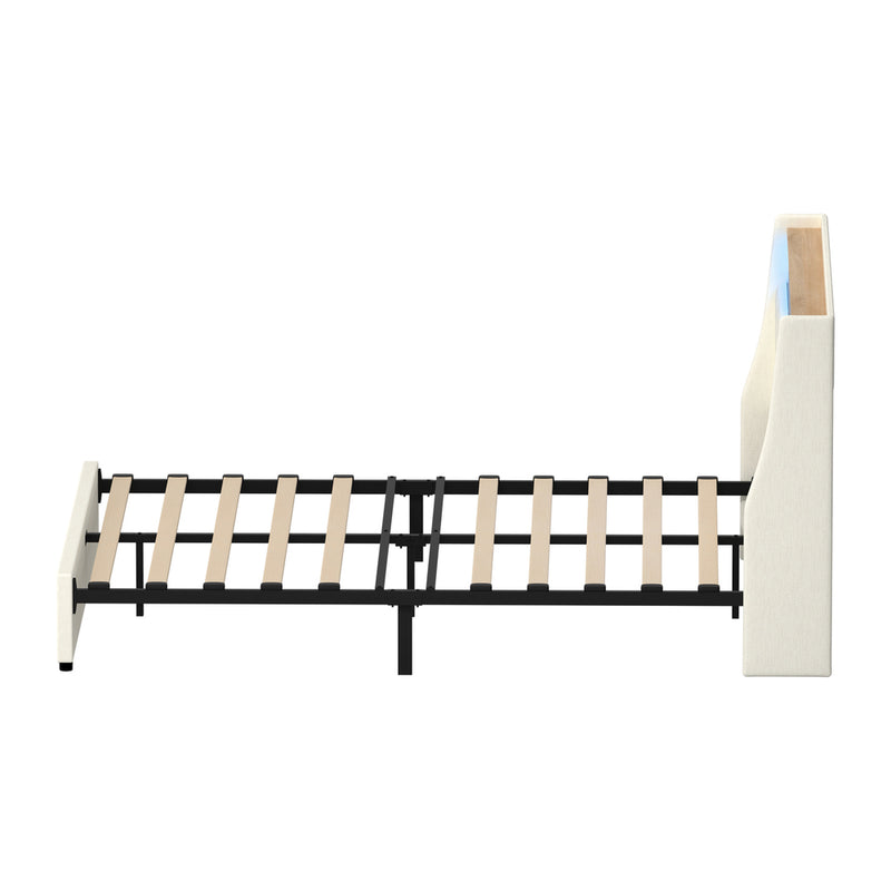 Oikiture Queen Bed Frame with LED Storage Headboard Beige