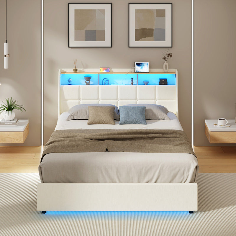 Oikiture Queen Bed Frame with LED Storage Headboard Beige