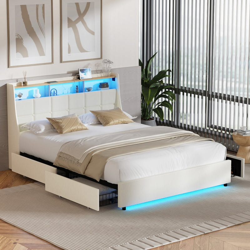 Oikiture Queen Bed Frame Headboard RGB Lights with Drawer Beige