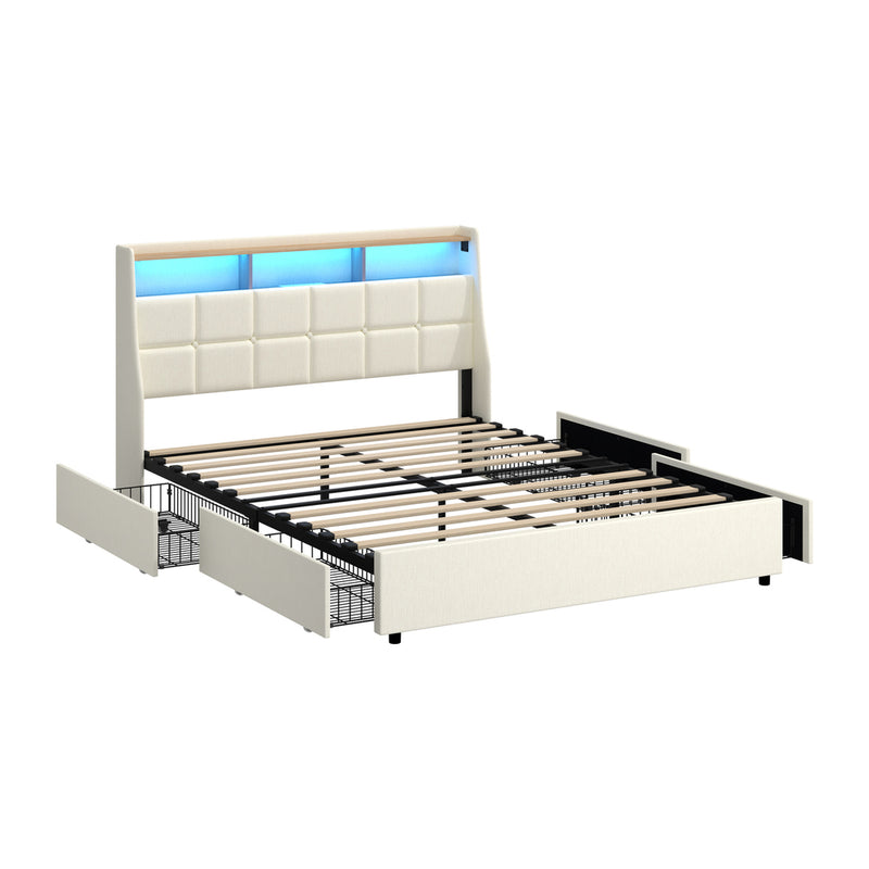 Oikiture Queen Bed Frame Headboard RGB Lights with Drawer Beige