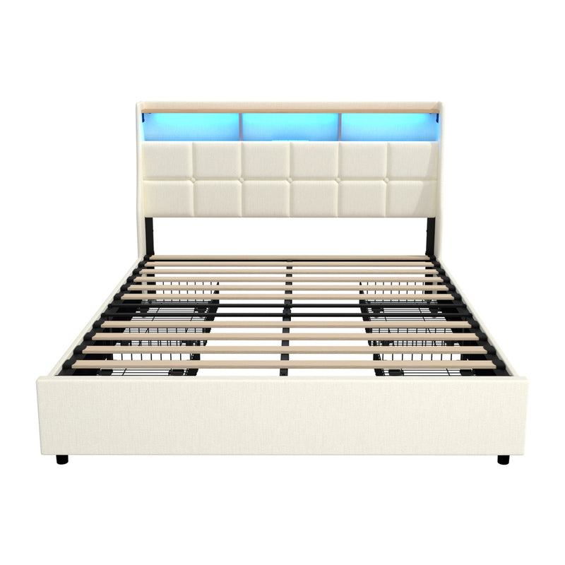 Oikiture Queen Bed Frame Headboard RGB Lights with Drawer Beige