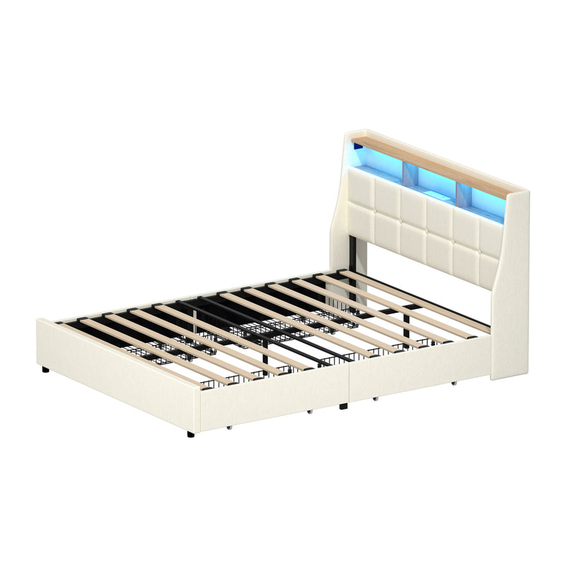 Oikiture Queen Bed Frame Headboard RGB Lights with Drawer Beige