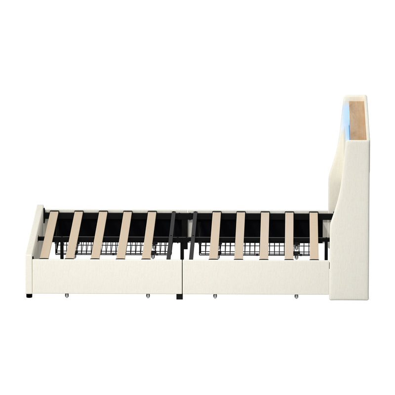 Oikiture Queen Bed Frame Headboard RGB Lights with Drawer Beige