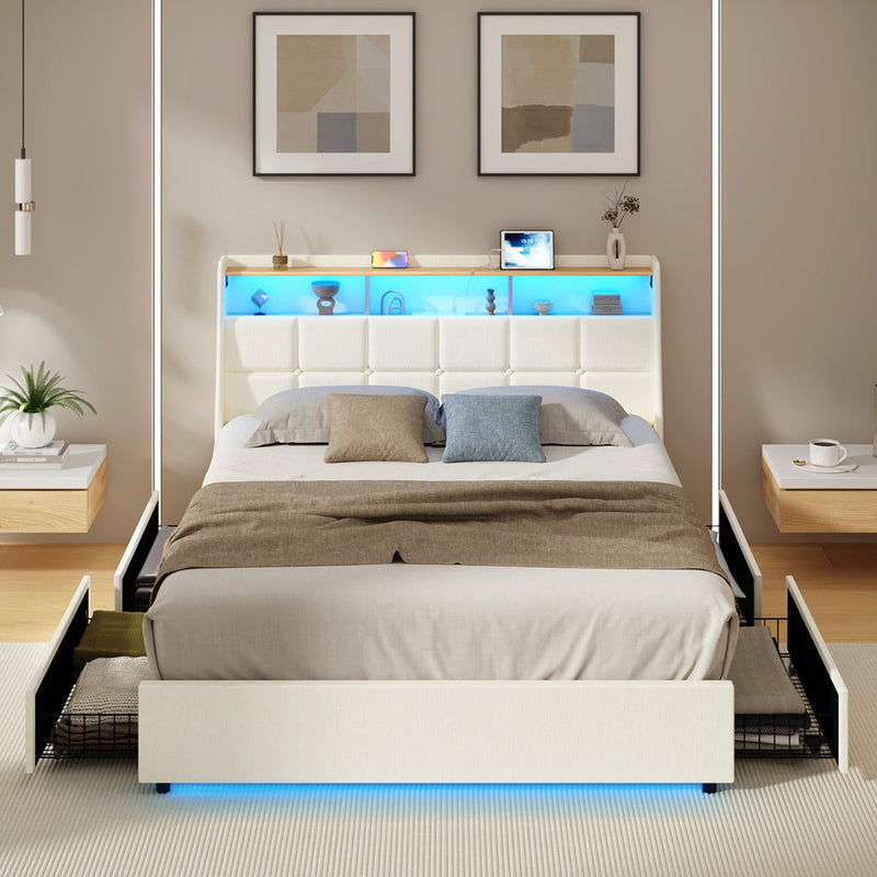 Oikiture Queen Bed Frame Headboard RGB Lights with Drawer Beige