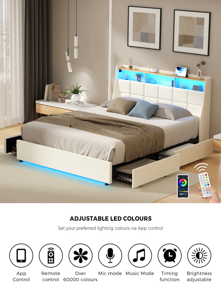 Oikiture Queen Bed Frame Headboard RGB Lights with Drawer Beige